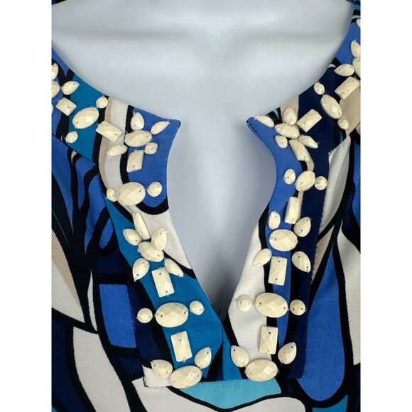 Chicos 3/4 Sleeve Blue Abstract Print Tunic Dress W/ Beaded Neckline Size 0 US S - Picture 4 of 9